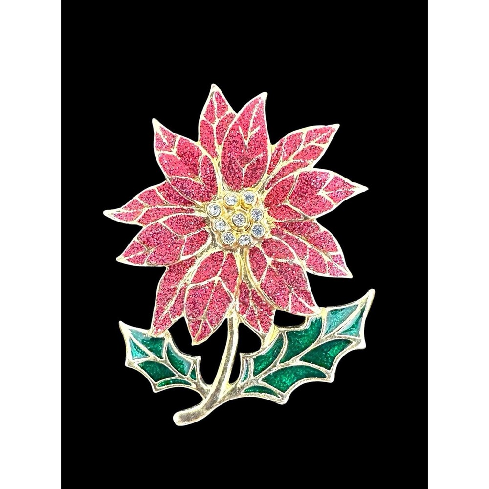 Poinsettia Flower Brooch Christmas Pin Red Green Enamel Rhinestone Vintage 70's
